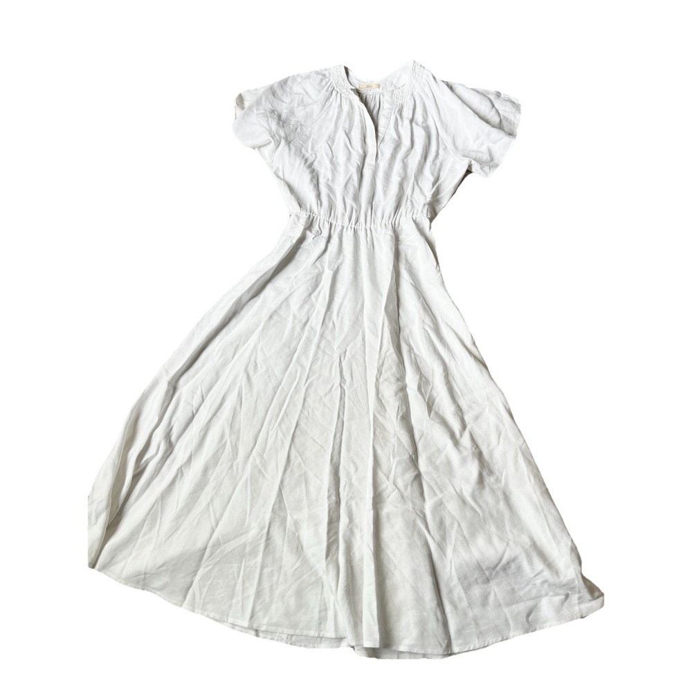 Sessun French Fit Flare Short Sleeve Smocked Linen White Dress Lady Spring S/M